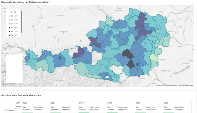 Screenshot von statkb.at: Österreich-Karte mit den Austritten der letzten Jahre